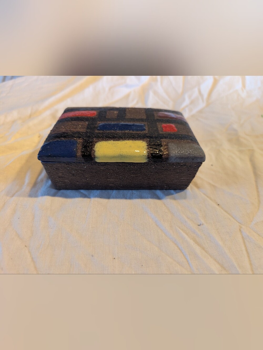 2/60$ Vintage Black Ceramic Box with Multicolor Geometric Accents